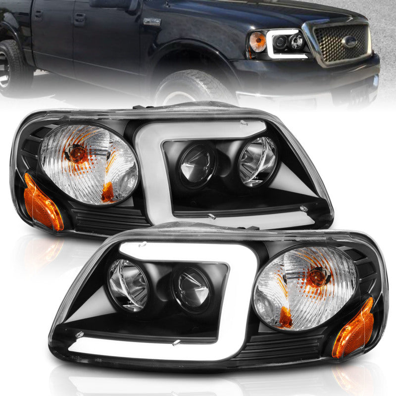 ANZO 1997-2003 Ford F-150 Projector Headlights w/ Light Bar Black Housing