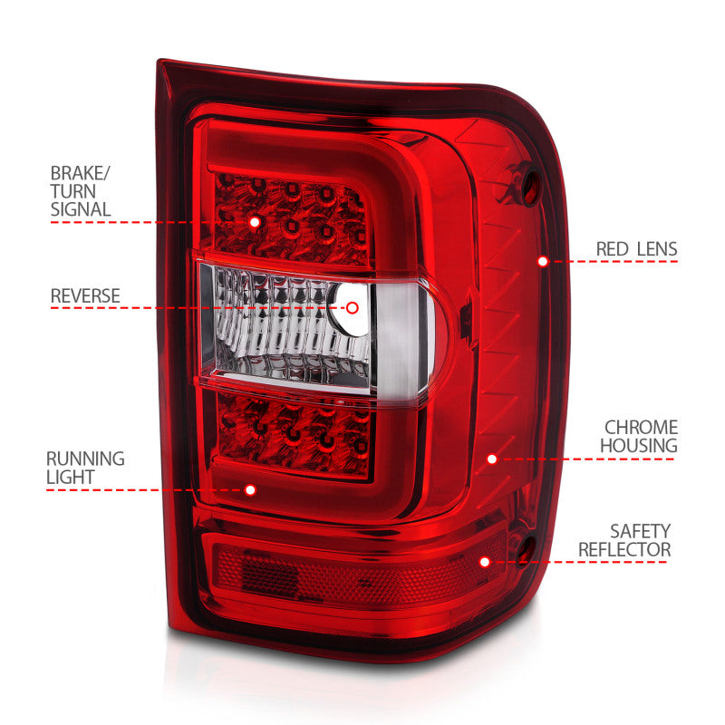 ANZO 2001-2011 Ford  Ranger LED Tail Lights w/ Light Bar Chrome Housing Red/Clear Lens