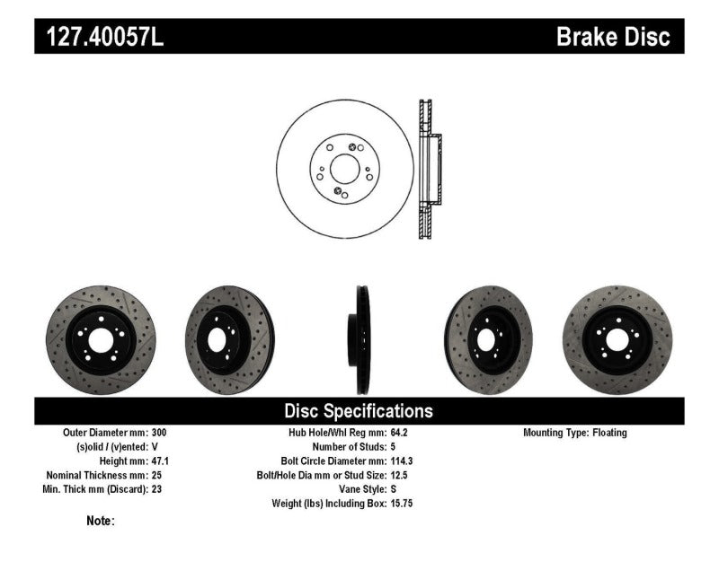 StopTech 02-06 Acura RSX Type S / 06-09 Honda Civic Si Slotted & Drilled Left Front Rotor