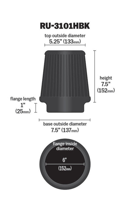 K&N Universal Rubber Filter Round Tapered 6in Flange ID x 7.5in Base OD x 5.25in Top OD x 8in Height