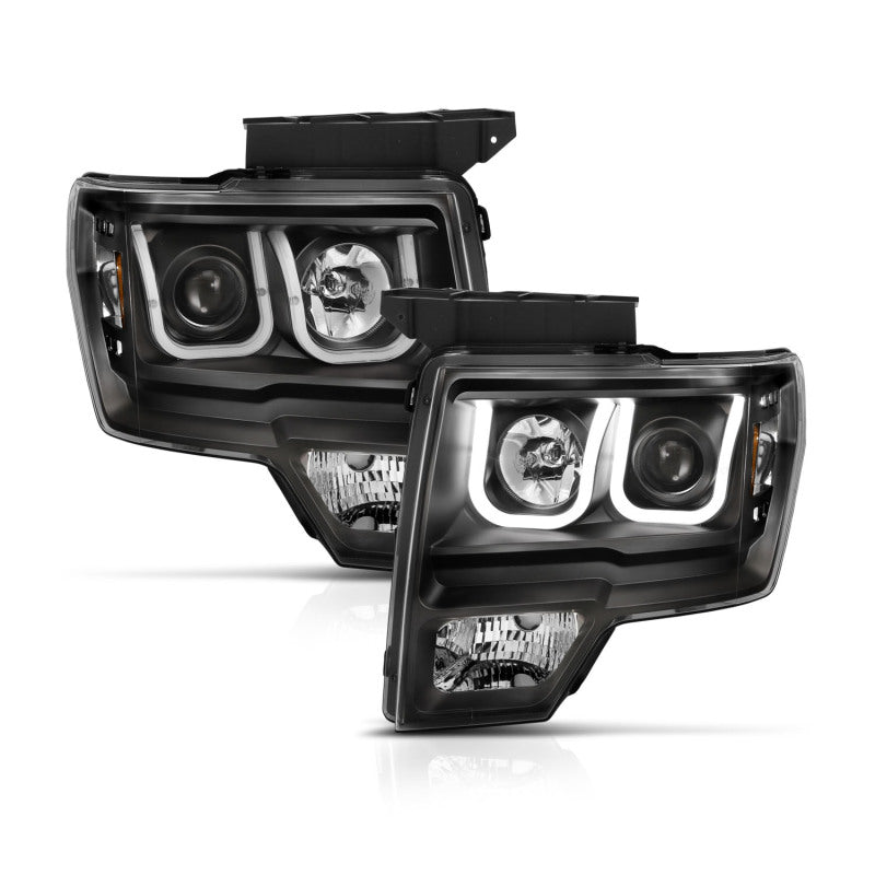 ANZO 2009-2014 Ford F-150 Projector Headlights w/ U-Bar Switchback Black w/ Amber