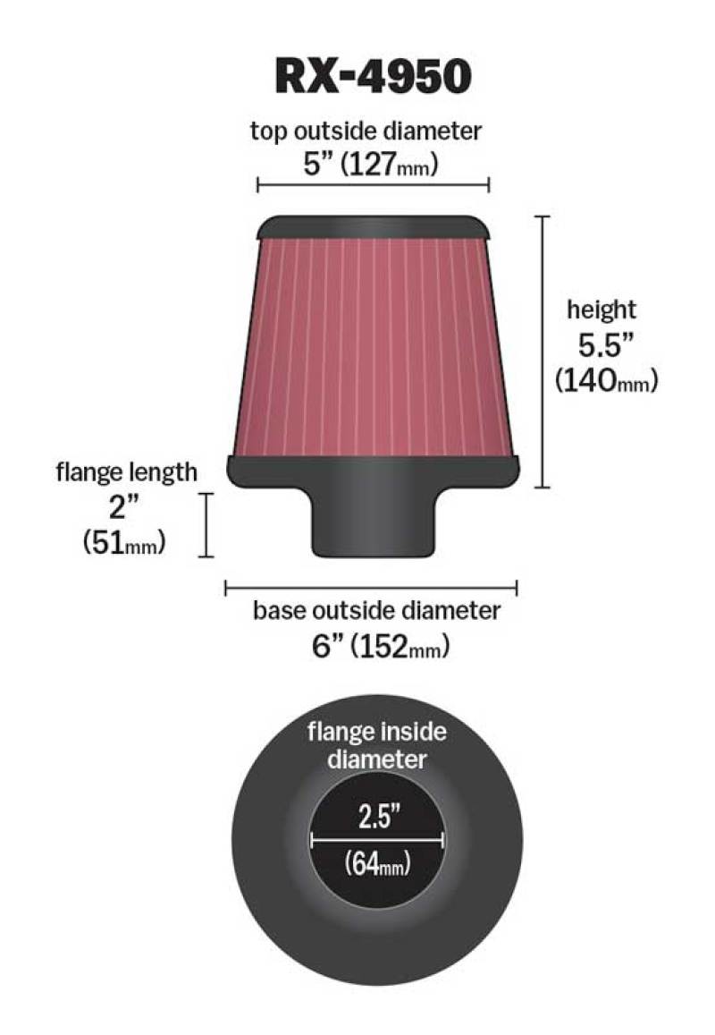 K&N Filter Universal X Stream Clamp-On 2.5in Flange ID / 6in Base OD / 5in Top OD / 5.5in Height