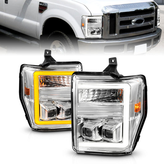 ANZO 08-10 Ford F-250 - F-550 Super Duty Projector Headlights w/ Light Bar Switchback Chrome Housing