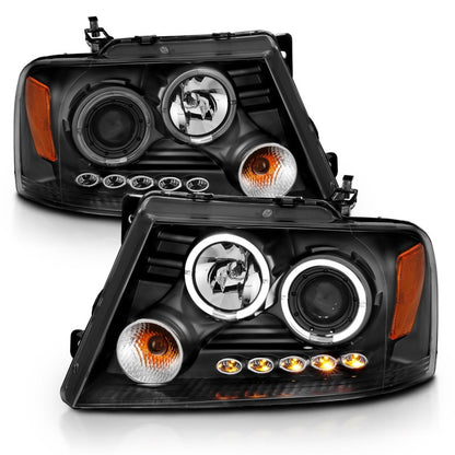 ANZO 2004-2008 Ford F-150 Projector Headlights w/ Halo and LED Black G2