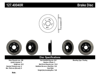 StopTech 06-09 Honda Civic Ex/Si Slotted & Drilled Right Rear Rotor