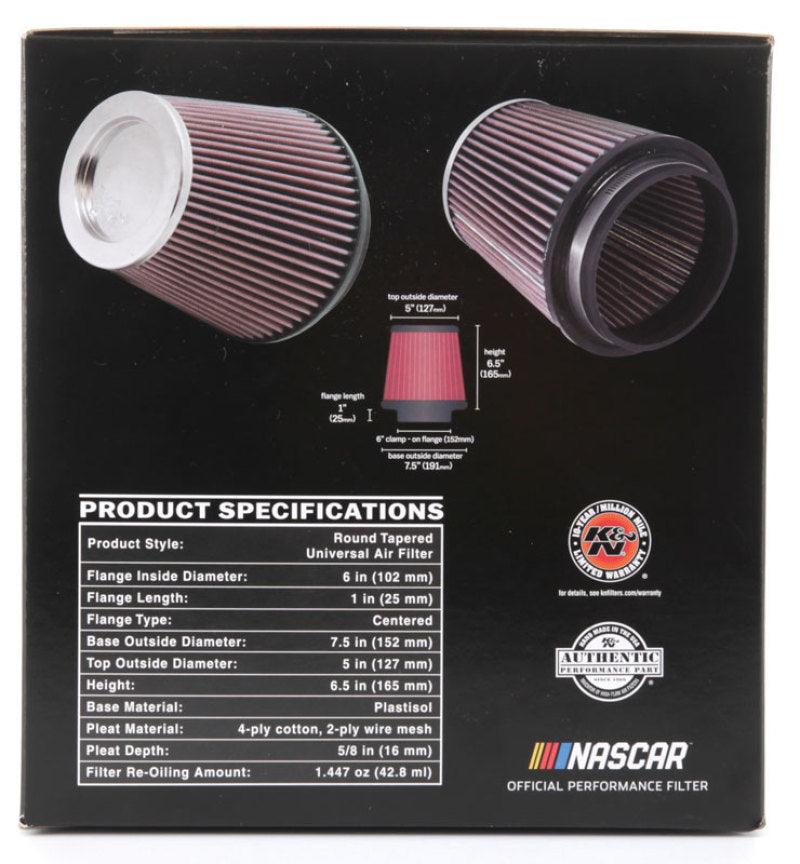 K&N Round Tapered Universal Air Filter 6in Flange ID x 7.5in Base OD x 5in Top OD x 6.5in Height