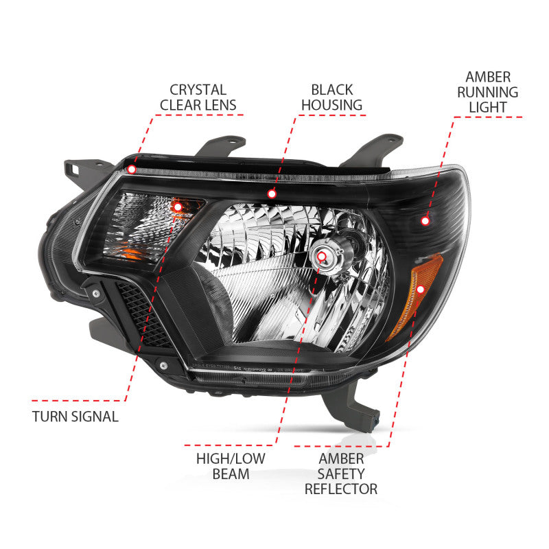 ANZO 2012-2015 Toyota Tacoma Crystal Headlights Black