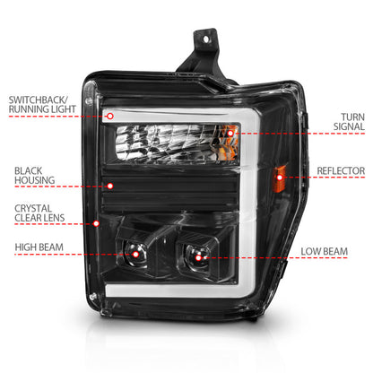 ANZO 08-10 Ford F-250 - F-550 Super Duty Projector Headlights w/ Light Bar Switchback Black Housing