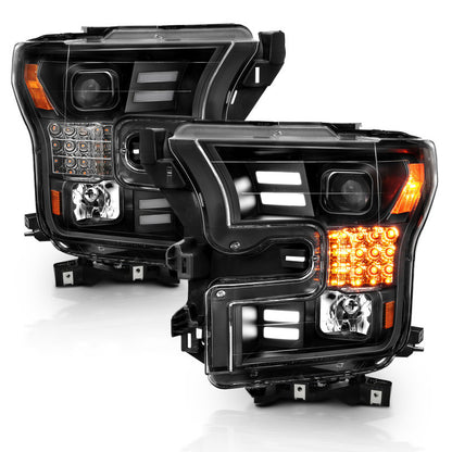 ANZO 15-17 Ford F-150 Project Headlights w/ Plank Style Design Black w/ Amber Sequential Turn Signal