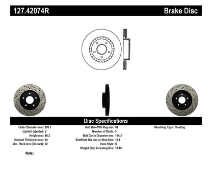 StopTech 1/02-05 Infiniti G35 (alloy disc) / 6/02-05 Nissan 350Z Slotted & Drilled Right Front Rotor