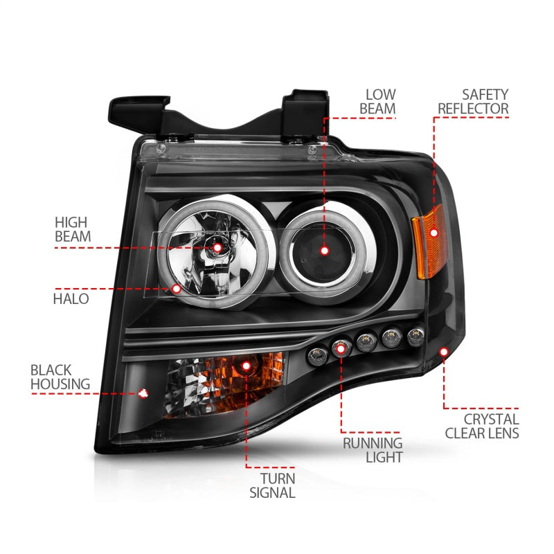 ANZO 2007-2014 Ford Expedition Projector Headlights w/ Halo Black